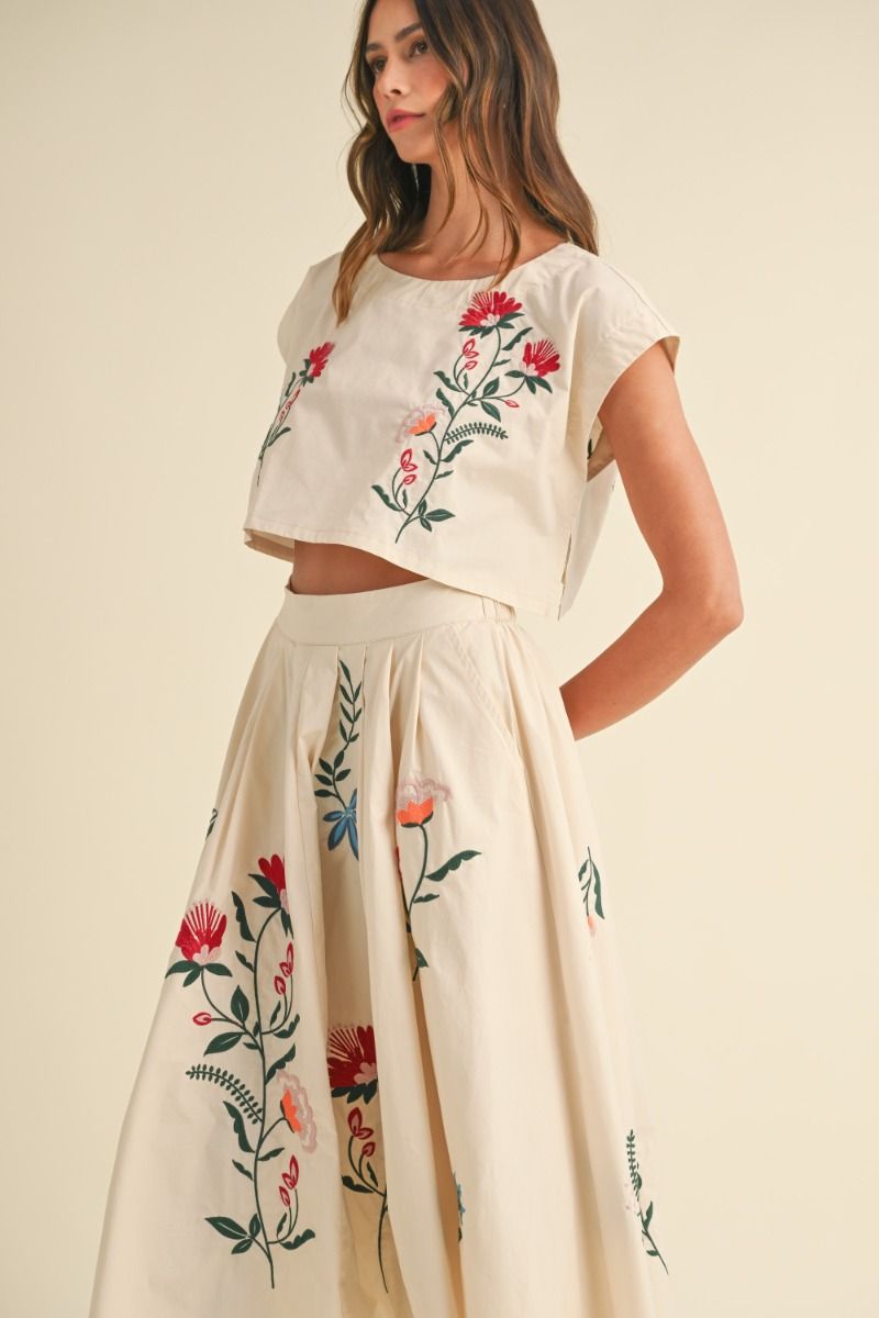 EMBROIDERED FLORAL MIDI SKIRT - CREAM SKIRT -   