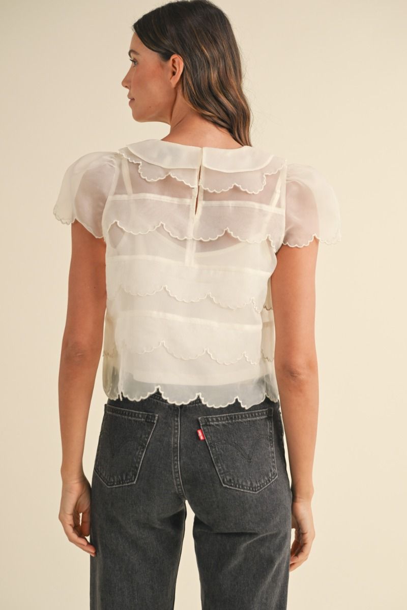 SHEER SCALLOPED TOP - CREAM SHIRT -   