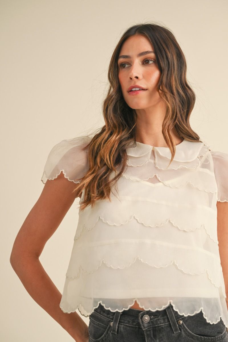 SHEER SCALLOPED TOP - CREAM SHIRT -   