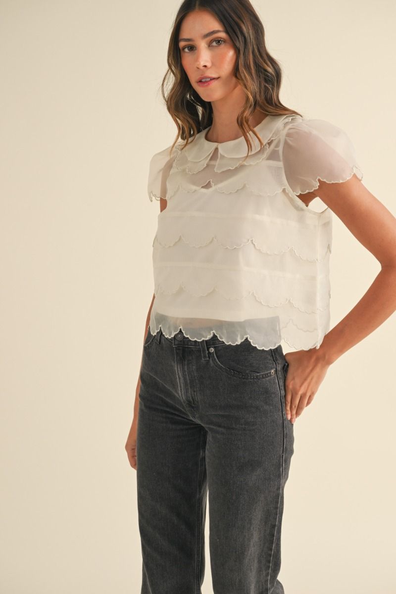 SHEER SCALLOPED TOP - CREAM SHIRT -   