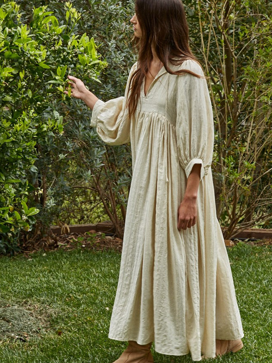 WOVEN LONG SLEEVE MAXI DRESS - NATURAL DRESSES OAK CLOTHING CO.