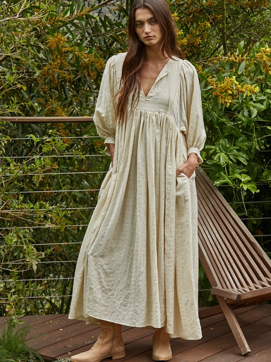 WOVEN LONG SLEEVE MAXI DRESS - NATURAL DRESSES OAK CLOTHING CO.