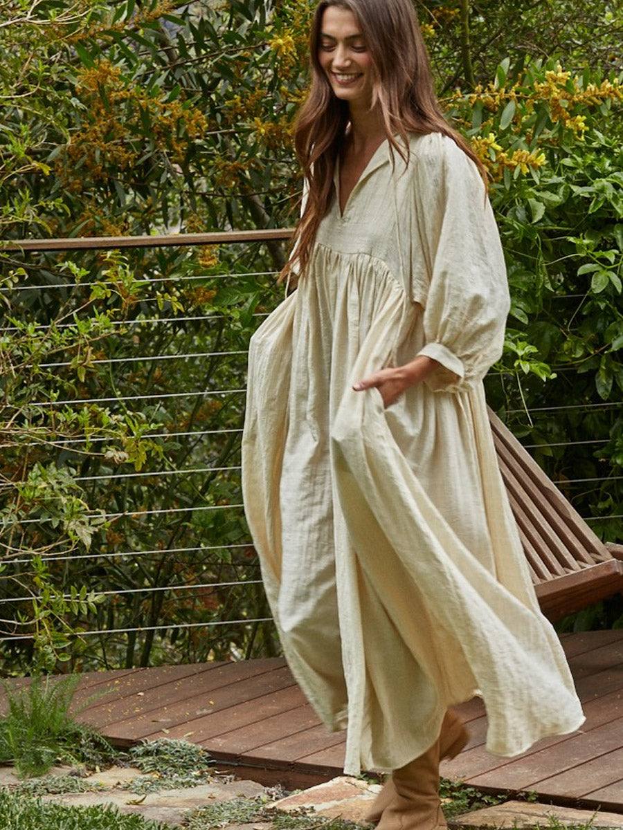 WOVEN LONG SLEEVE MAXI DRESS - NATURAL DRESSES OAK CLOTHING CO.