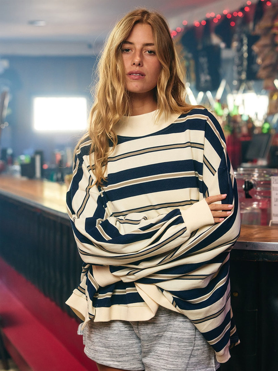 STRIPED OVERSIZED CREWNECK TOP - NAVY SWEATERS OAK CLOTHING CO.