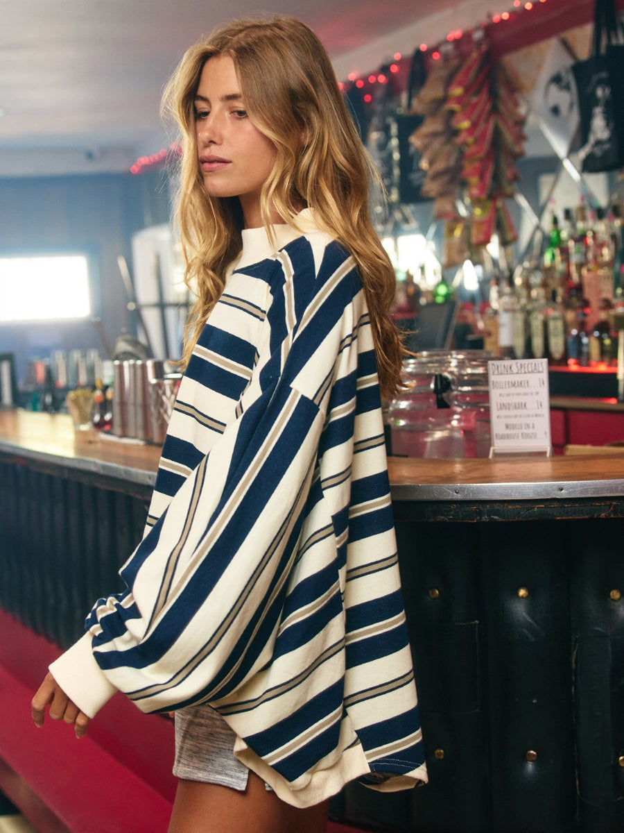STRIPED OVERSIZED CREWNECK TOP - NAVY SWEATERS OAK CLOTHING CO.