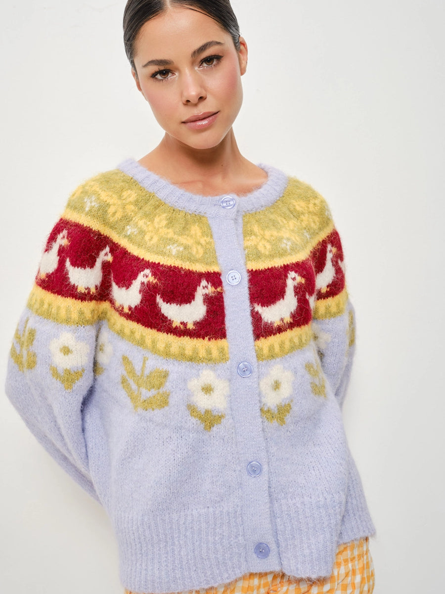 RIA NORDIC GOOSE GARDEN CARDIGAN - LILAC SWEATERS OAK CLOTHING CO.