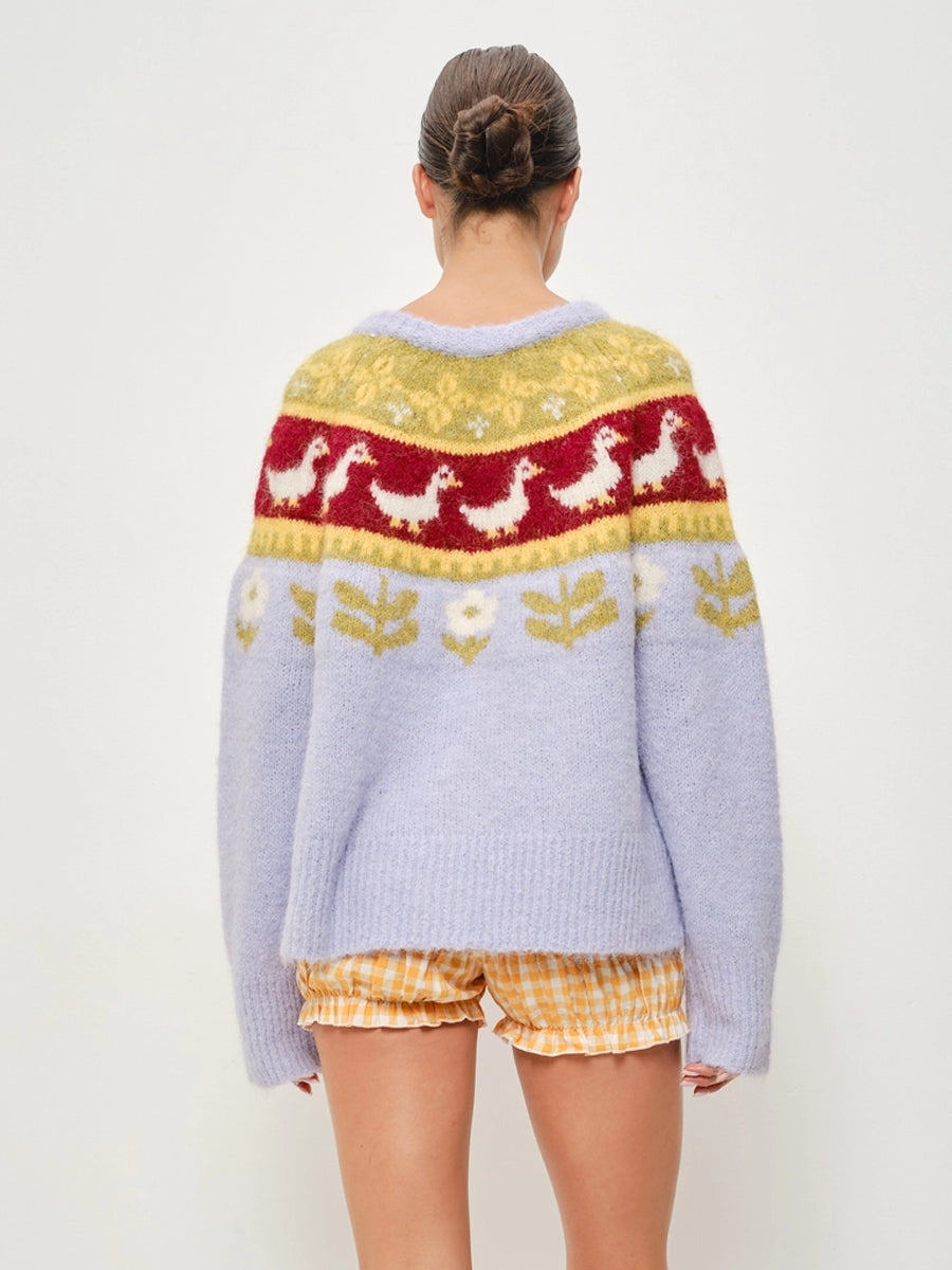 RIA NORDIC GOOSE GARDEN CARDIGAN - LILAC SWEATERS OAK CLOTHING CO.