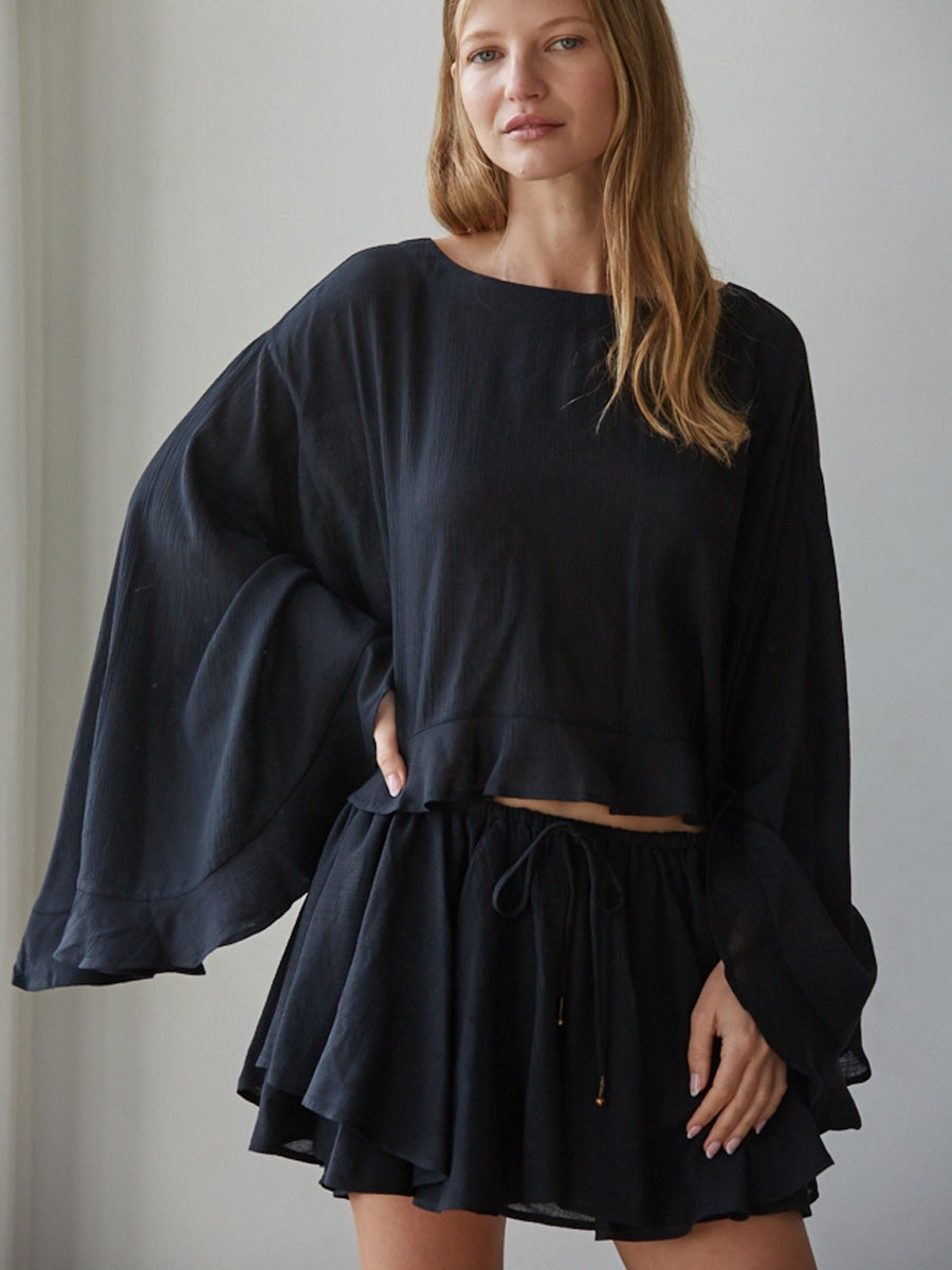 WOVEN RAYON NYLON LAYERED SKORT - BLACK SKIRTS OAK CLOTHING CO. INC.