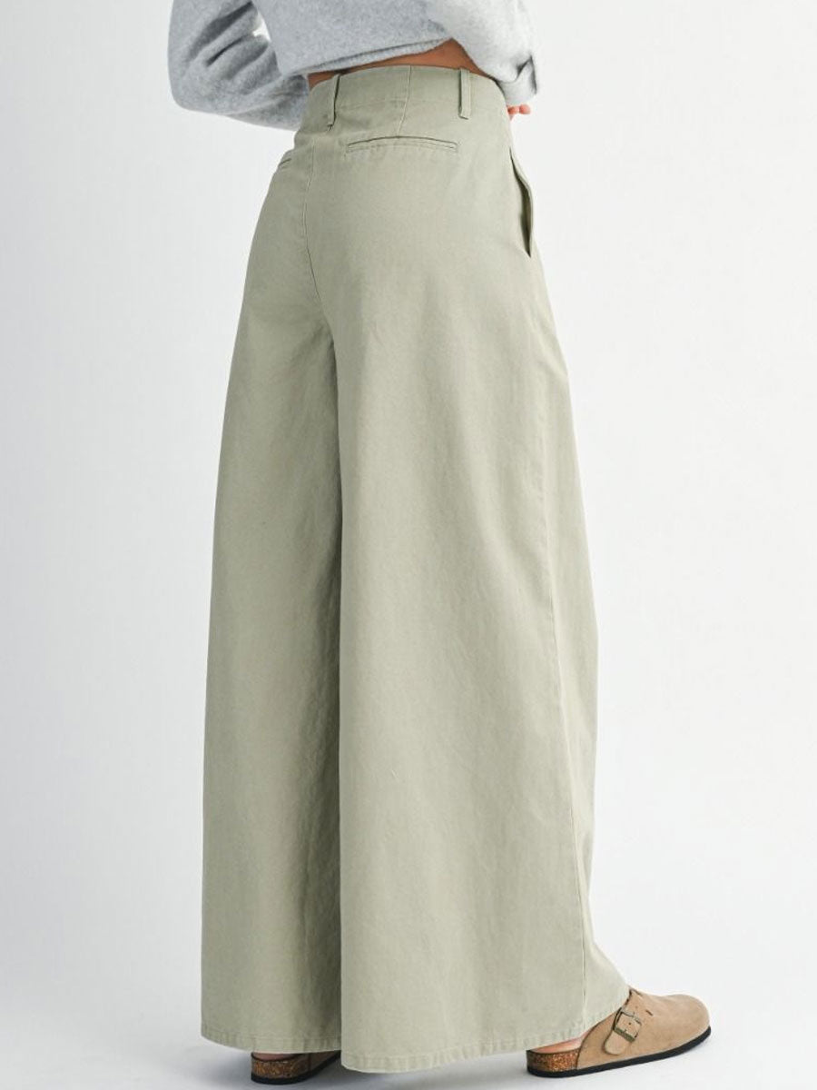 PLEATED WASHED TWILL WIDE LEG PANTS - LIGHT OLIVE PANTS OAK CLOTHING CO.