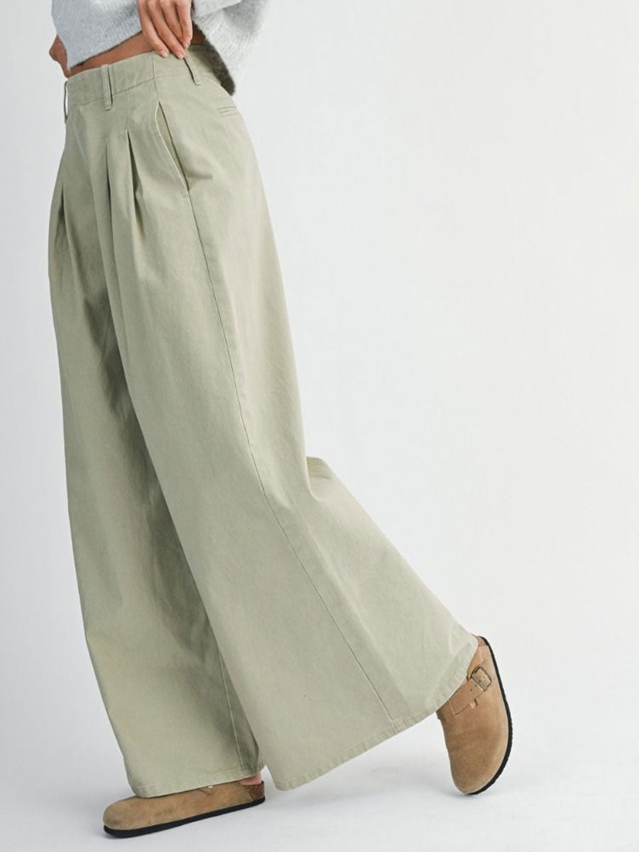 PLEATED WASHED TWILL WIDE LEG PANTS - LIGHT OLIVE PANTS OAK CLOTHING CO.