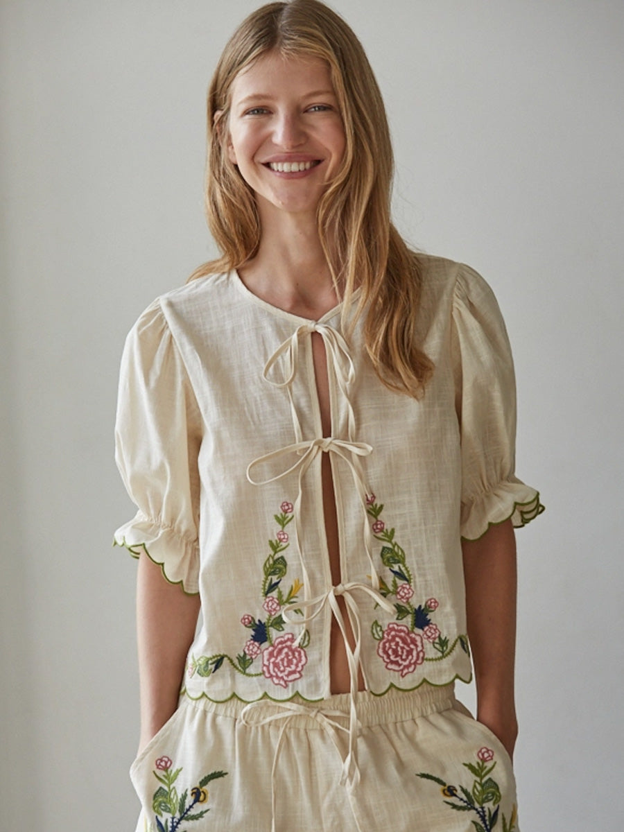 WOVEN EMBROIDERED OPEN FRONT TIED TOP - NATURAL SHIRTS OAK CLOTHING CO.