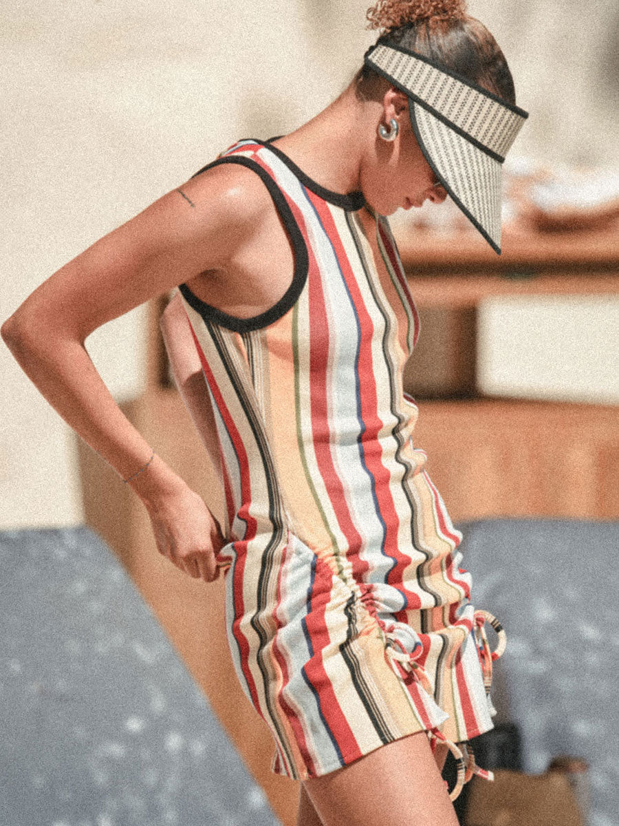 BRIXTON RIBBED CINCH MINI DRESS - PEACH COBBLER MULTI STRIPE