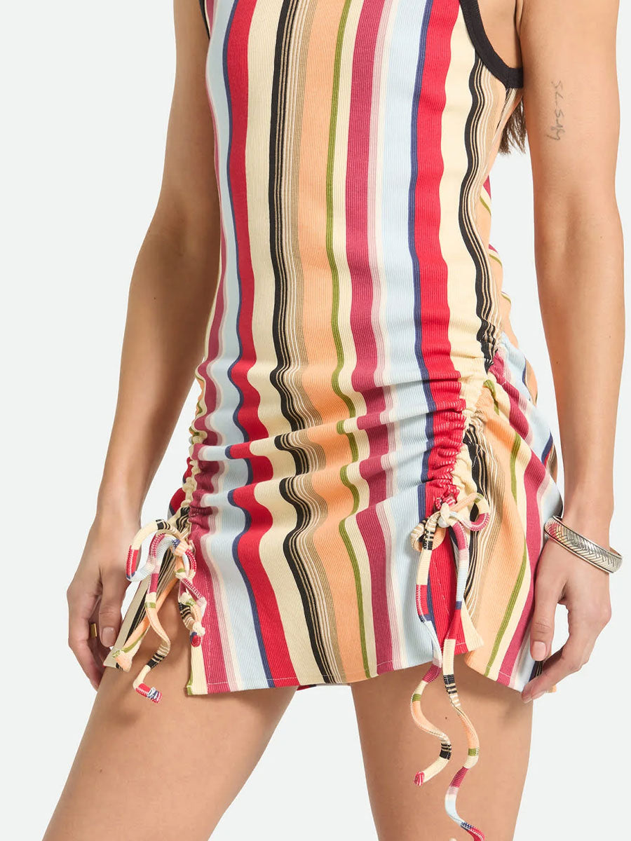 BRIXTON RIBBED CINCH MINI DRESS - PEACH COBBLER MULTI STRIPE DRESSES BRIXTON