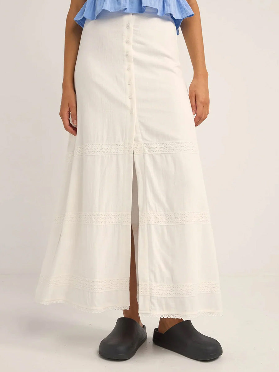 PEARL BUTTON FRONT MAXI SKIRT - WHITE SKIRT -