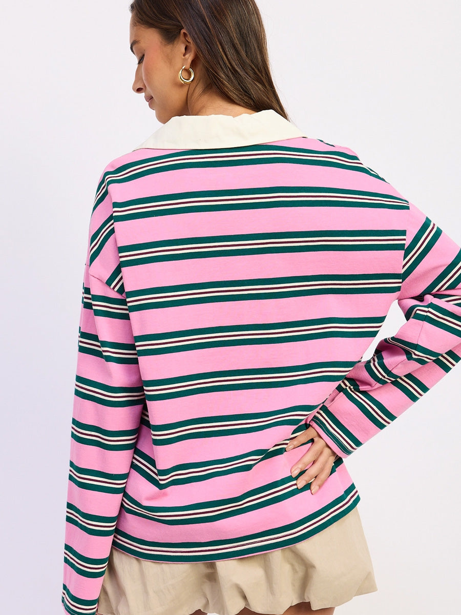 OVERSIZED STRIPE LONG SLEEVE TEE - PINK GREEN T-SHIRTS OAK CLOTHING CO.