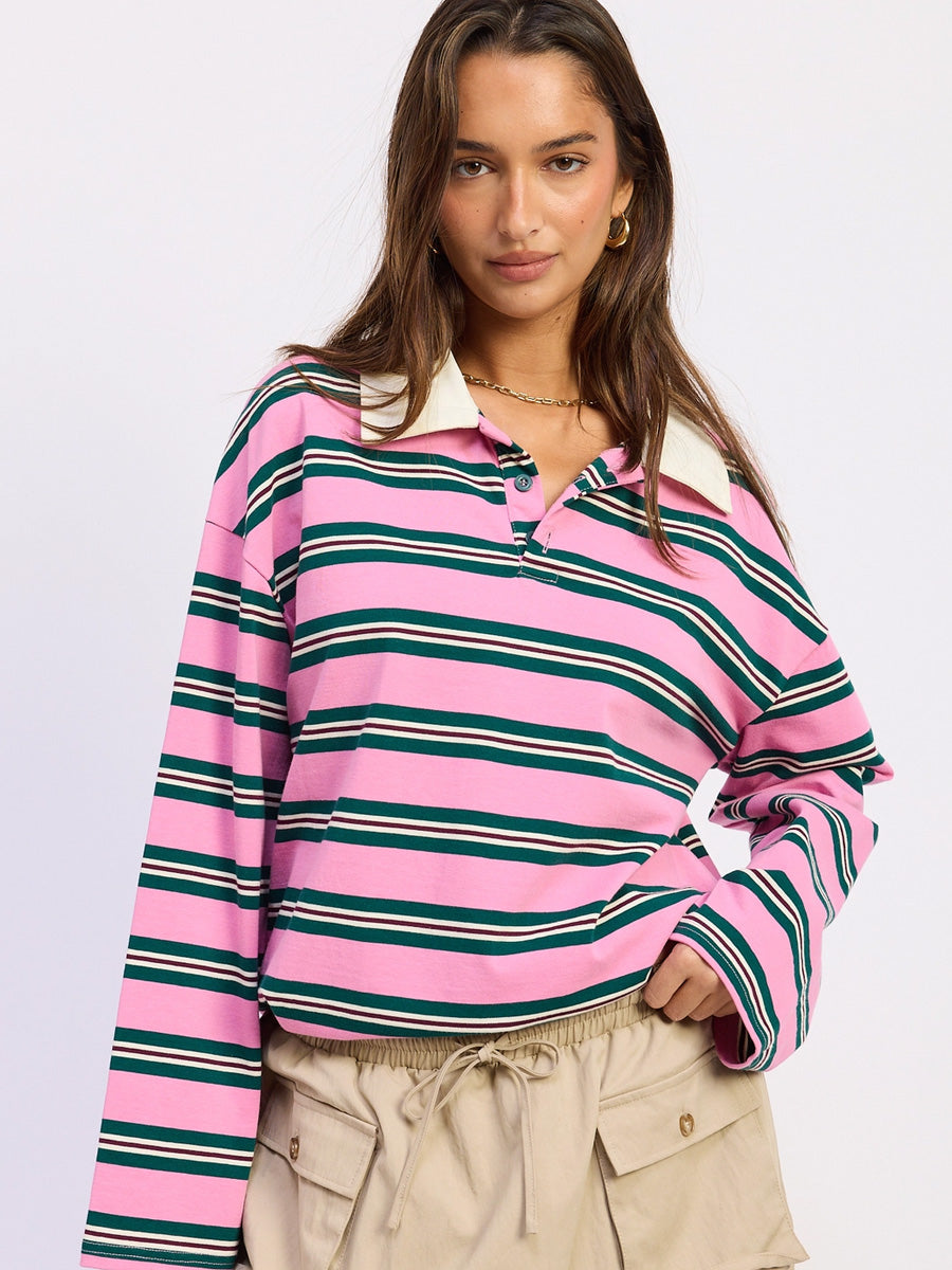 OVERSIZED STRIPE LONG SLEEVE TEE - PINK GREEN T-SHIRTS OAK CLOTHING CO.