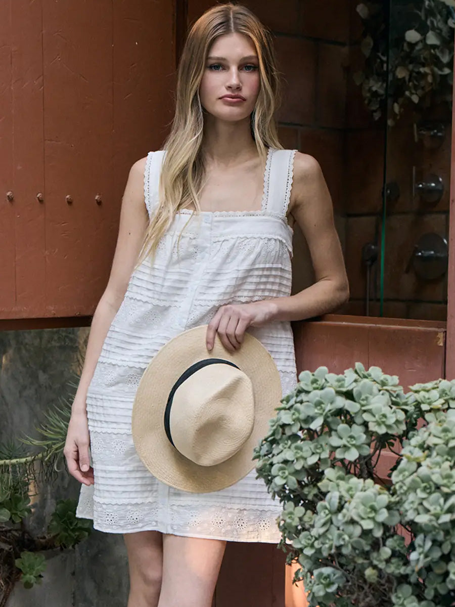 EYELET LACE PINTUCK MINI DRESS - WHITE DRESSES RAISONNEL