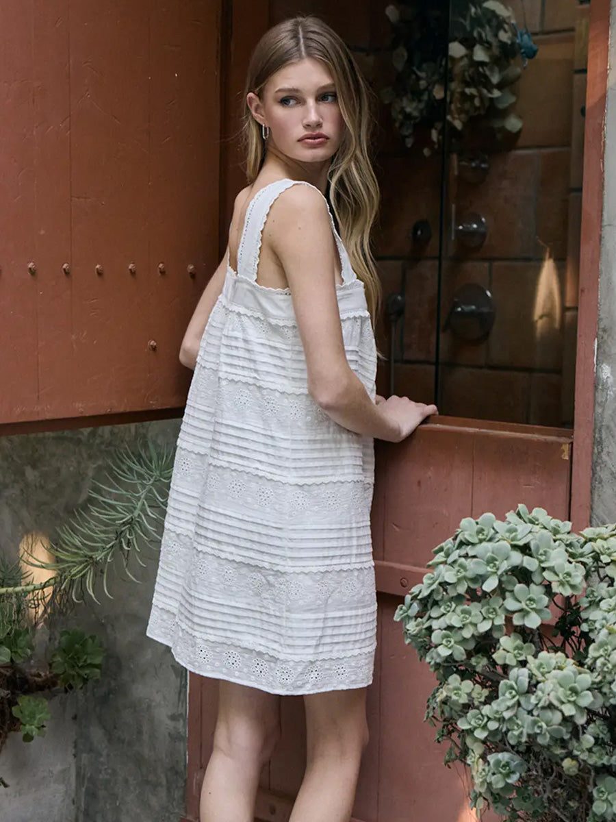 EYELET LACE PINTUCK MINI DRESS - WHITE DRESSES RAISONNEL