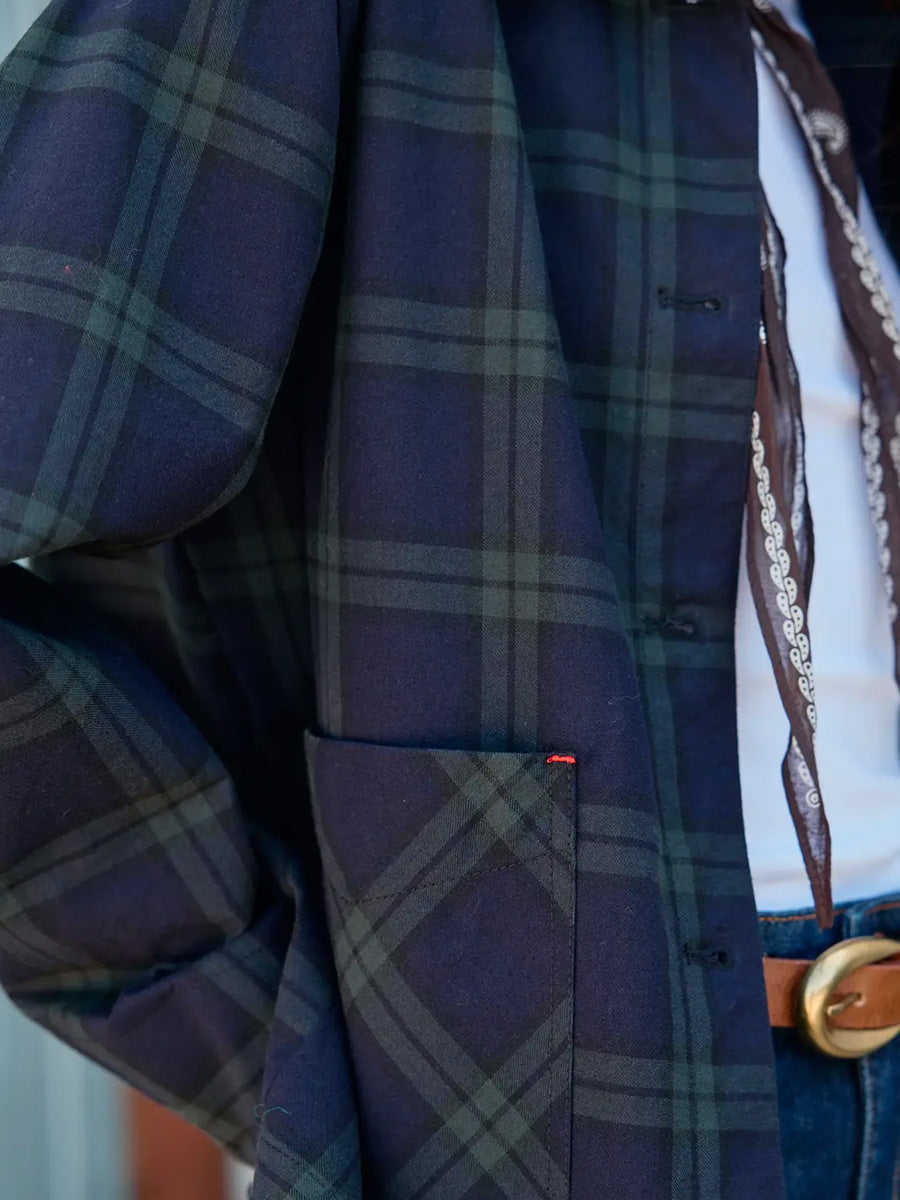 NAVY PLAID BUTTON FRONT POCKET JACKET - NAVY GREEN PLAID