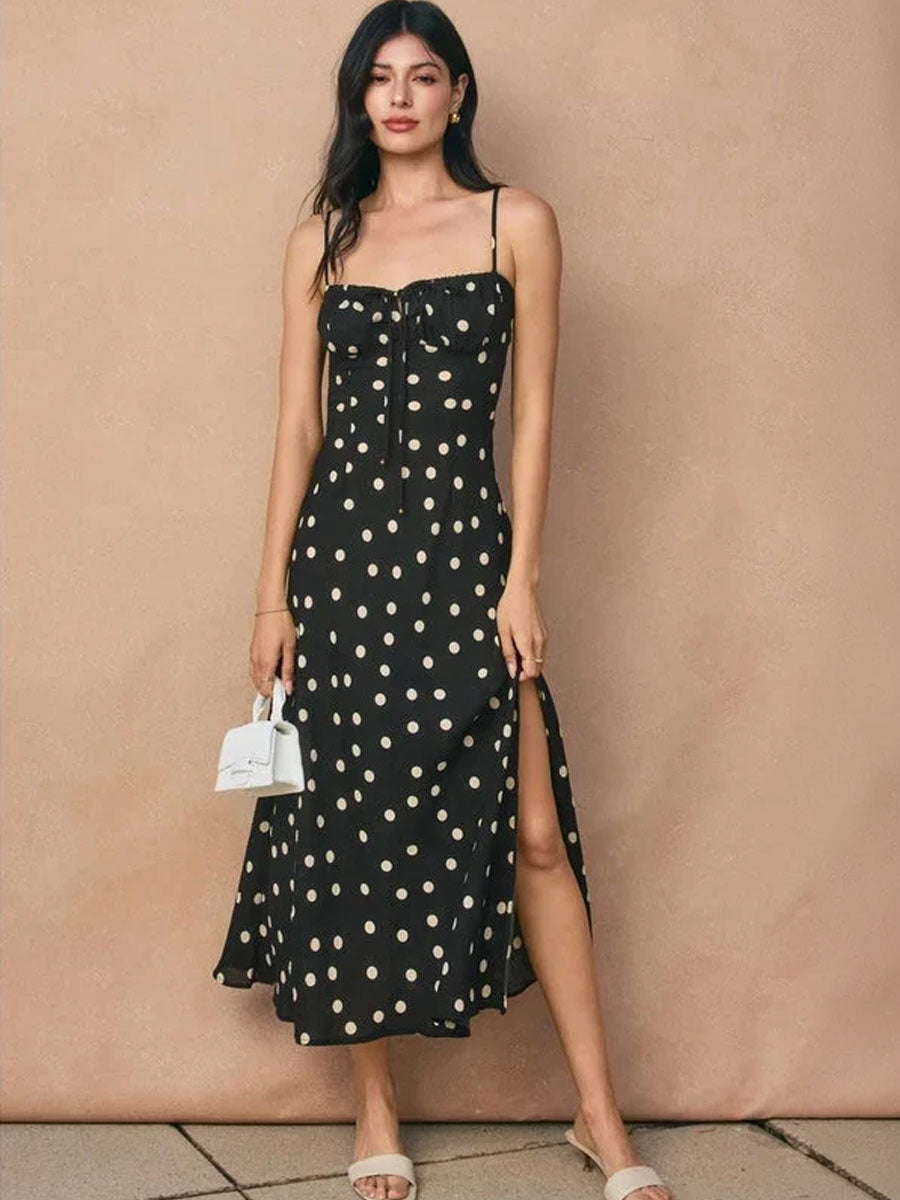 POLKA DOT RUCHED BUST SLIT DRESS - BLACK/IVORY DRESSES OAK CLOTHING CO.