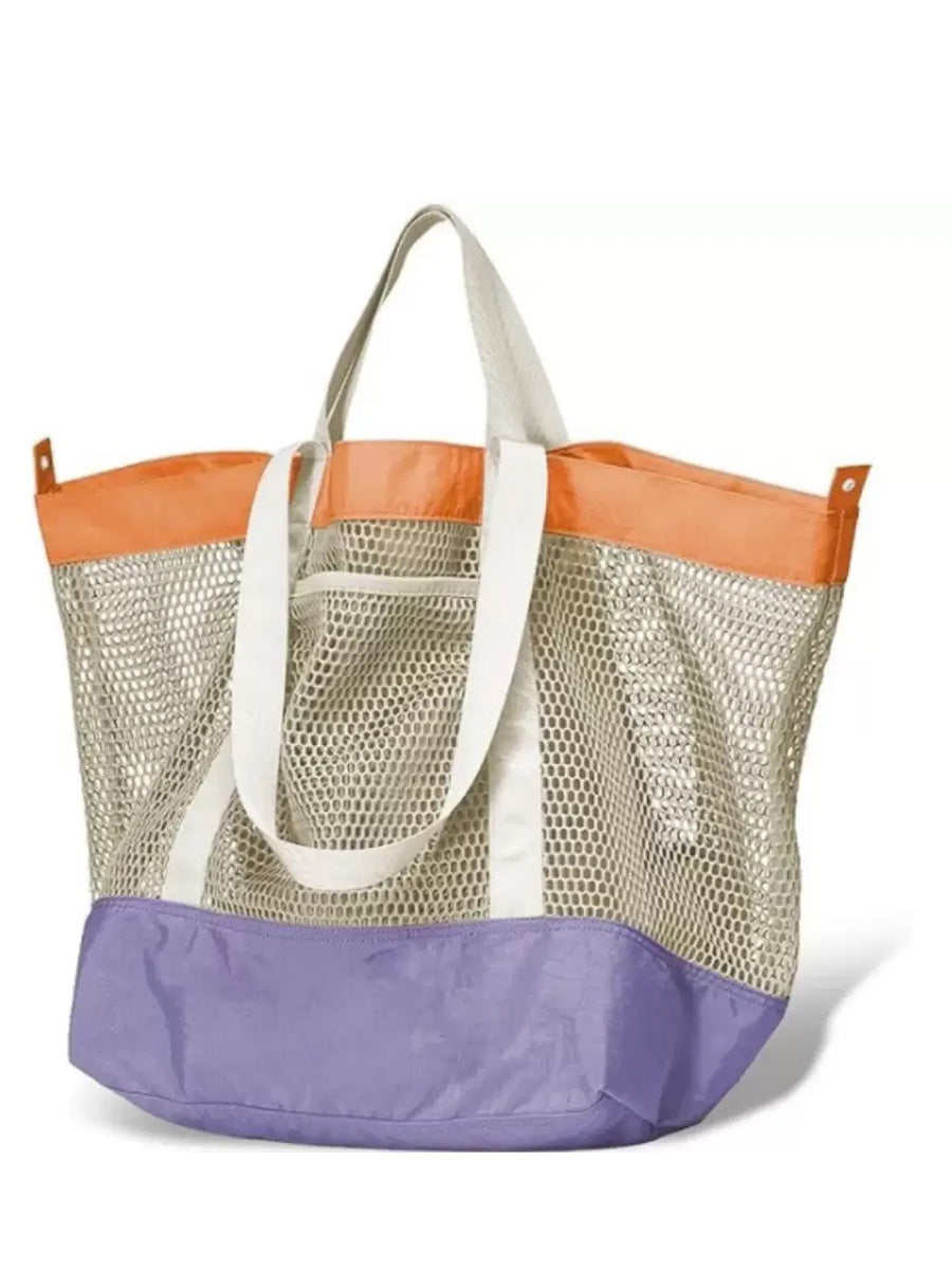 COLOR BLOCK BEACH MESH TOTE BAG - PURPLE