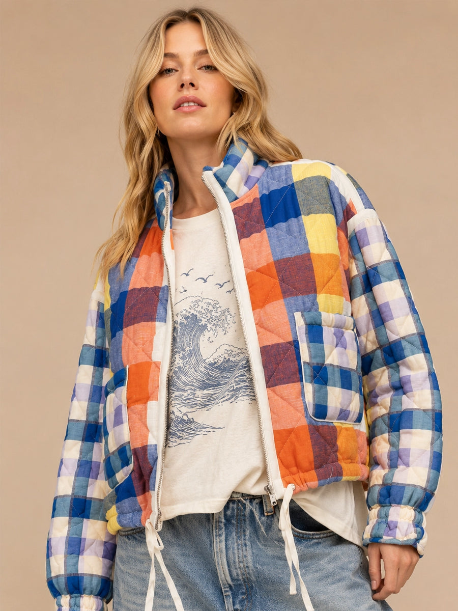 QUILTED PATCHWORK PUFFER - BLUE COMBO JACKETS OAK CLOTHING CO.