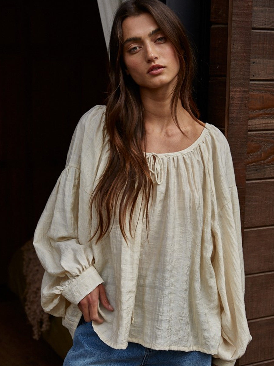 WOVEN RAYON TENCEL SCOOP NECK BLOUSE - NATURAL SWEATERS OAK CLOTHING CO.