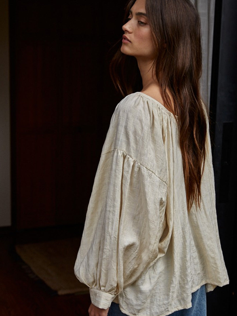 WOVEN RAYON TENCEL SCOOP NECK BLOUSE - NATURAL SWEATERS OAK CLOTHING CO.