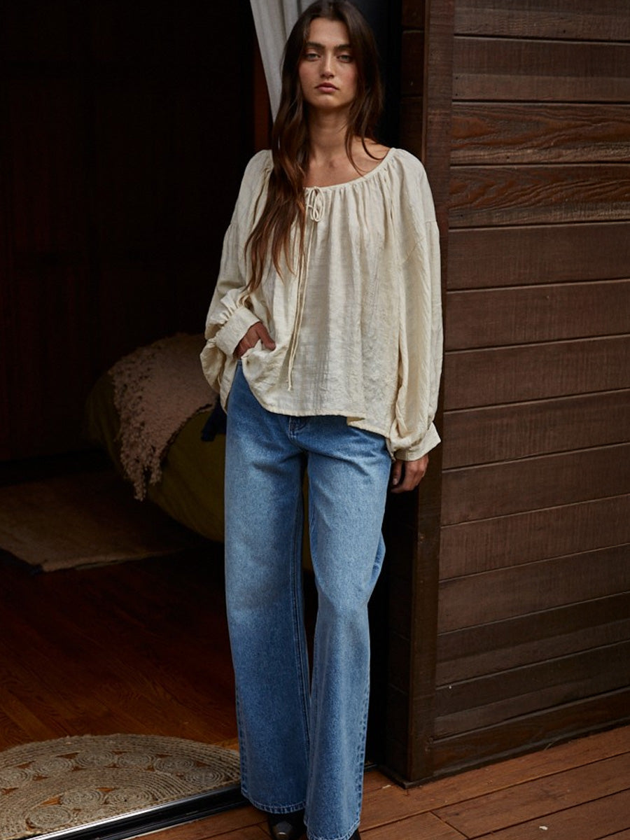 WOVEN RAYON TENCEL SCOOP NECK BLOUSE - NATURAL SWEATERS OAK CLOTHING CO.