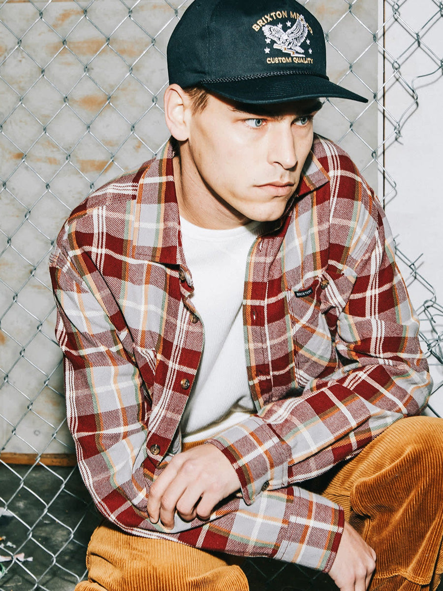 BRIXTON VINTAGE WASH FLANNEL - MAROON RED/BEIGE/GREEN SHIRT JACKET -