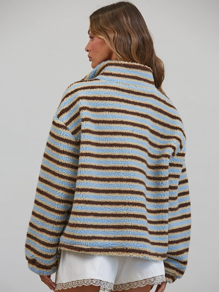 RELAXED SHERPA STRIPED HALF ZIP - BLUE / BROWN SWEATERS OAK CLOTHING CO.