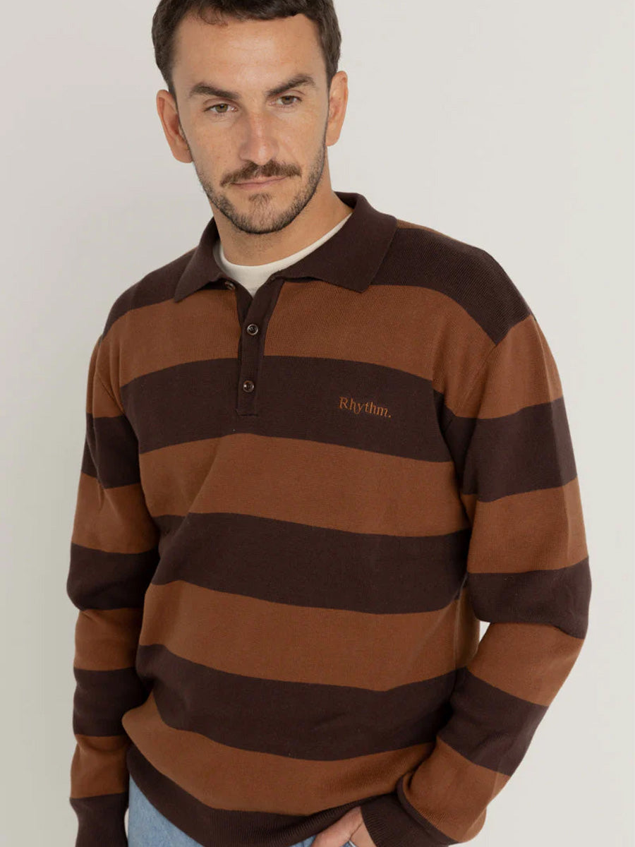 RHYTHM VENTURA STRIPE KNIT LONG-SLEEVE POLO SHIRT RHYTHM