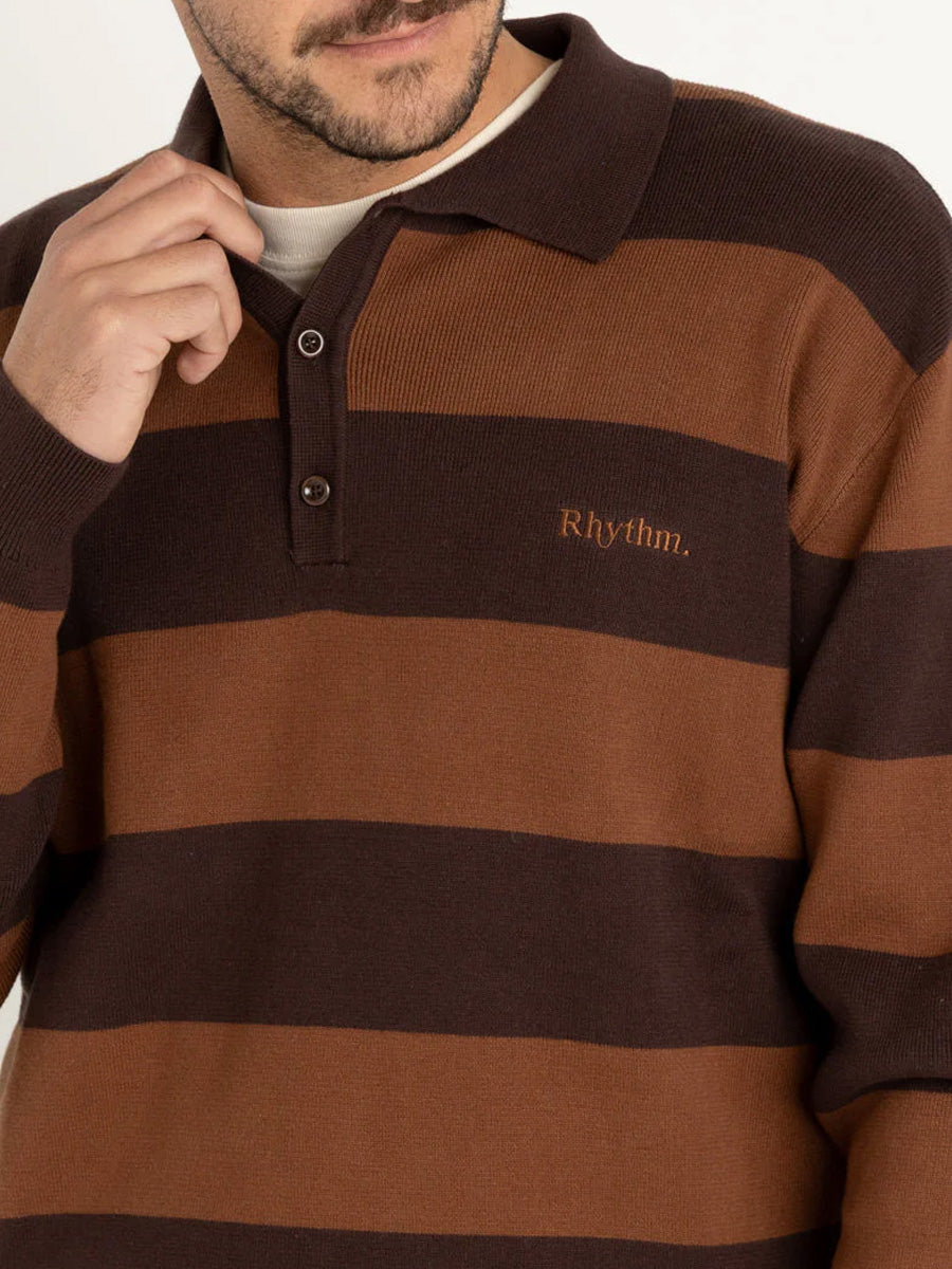 RHYTHM VENTURA STRIPE KNIT LONG-SLEEVE POLO SHIRT RHYTHM