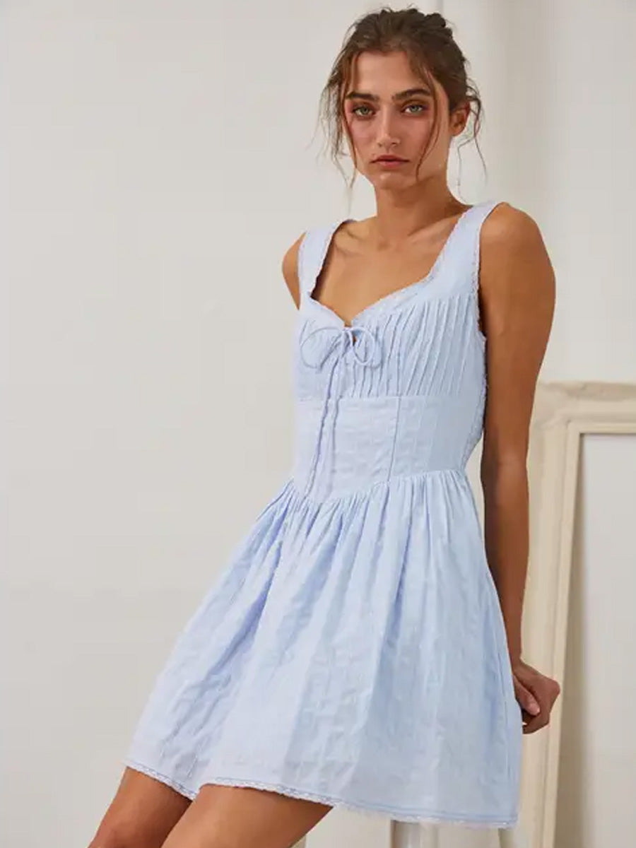 RIBBON FRONT PINTUCK MINI DRESS - BLUE DRESSES OAK CLOTHING CO.