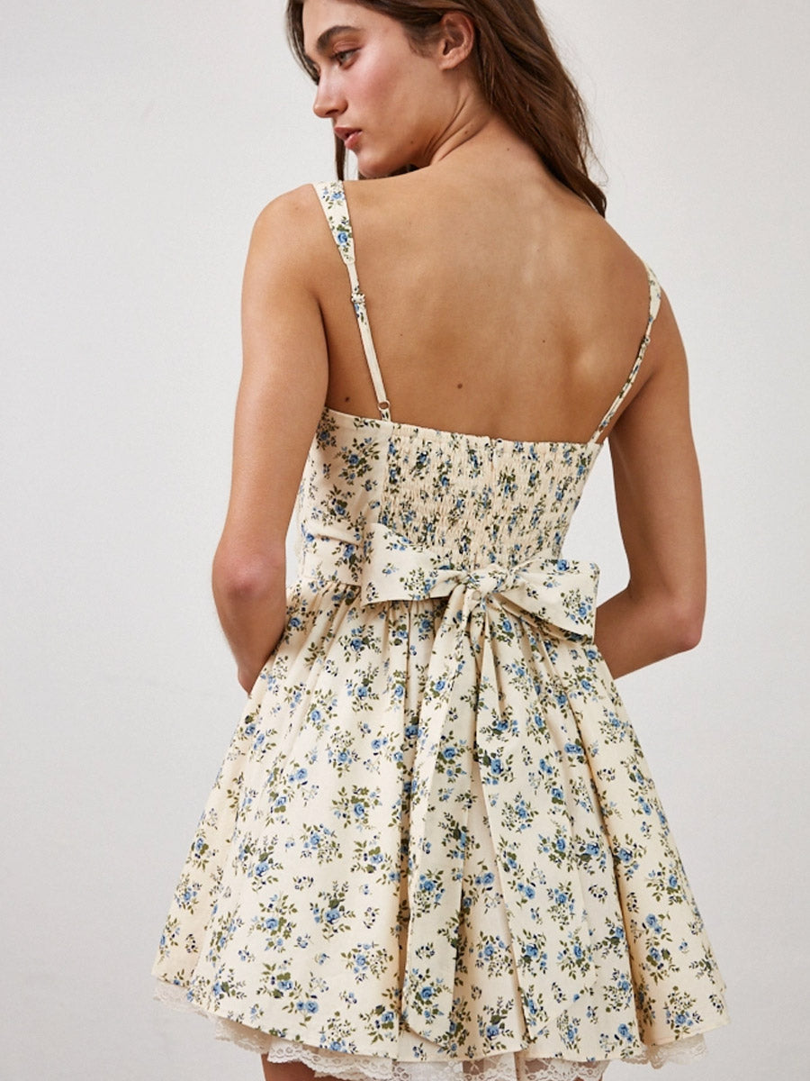 FLORAL COTTON CORSET LACE RUFFLE MINI DRESS - CREAM MULTI DRESSES CREAMON