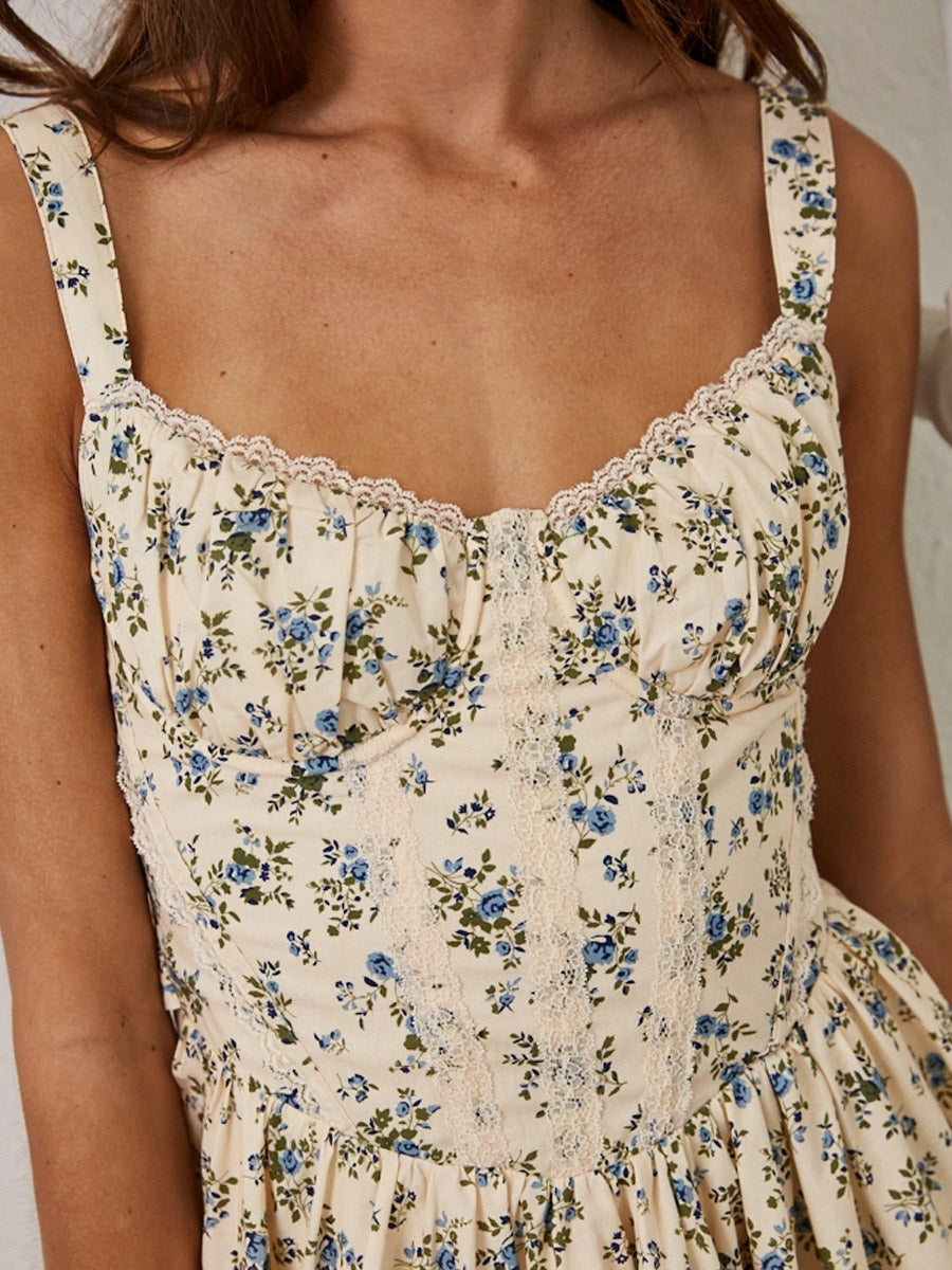 FLORAL COTTON CORSET LACE RUFFLE MINI DRESS - CREAM MULTI DRESSES CREAMON