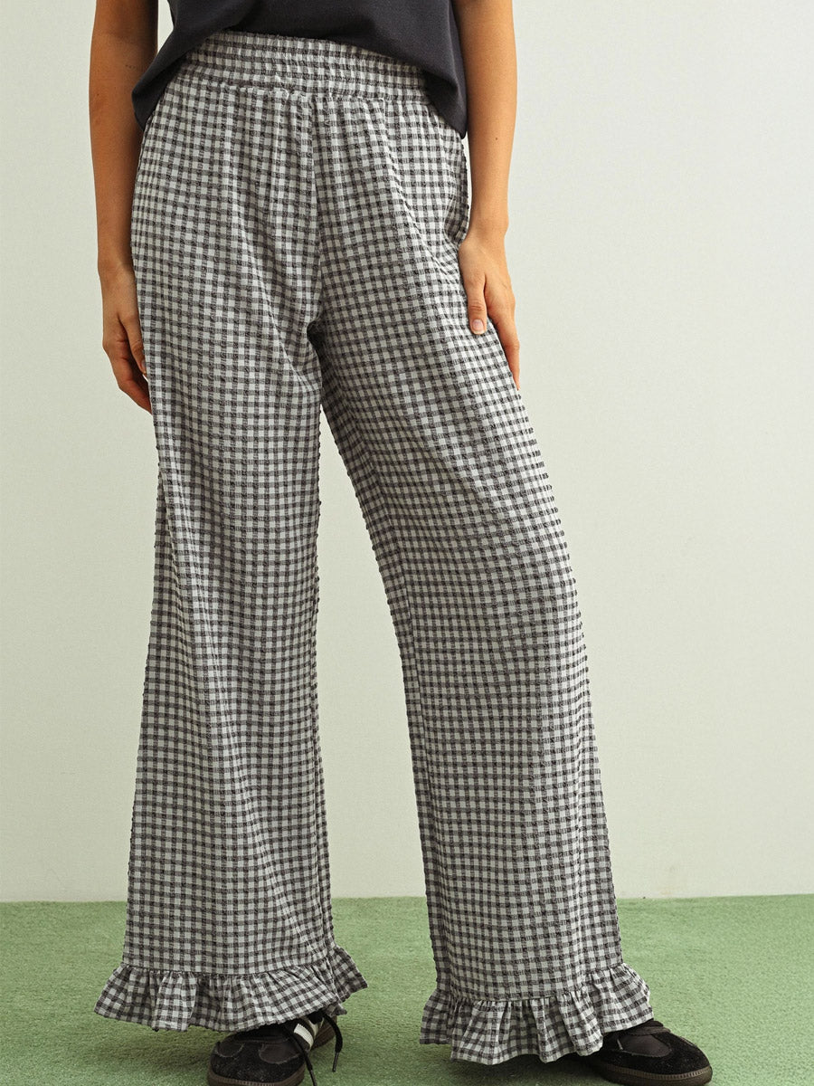 CRINKLED GINGHAM PRINTED PANTS WITH RUFFLE HEM - BLACK PANTS OAK CLOTHING CO.