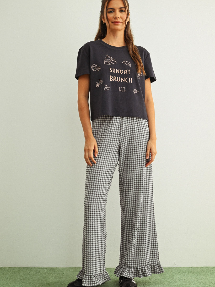 CRINKLED GINGHAM PRINTED PANTS WITH RUFFLE HEM - BLACK PANTS OAK CLOTHING CO.