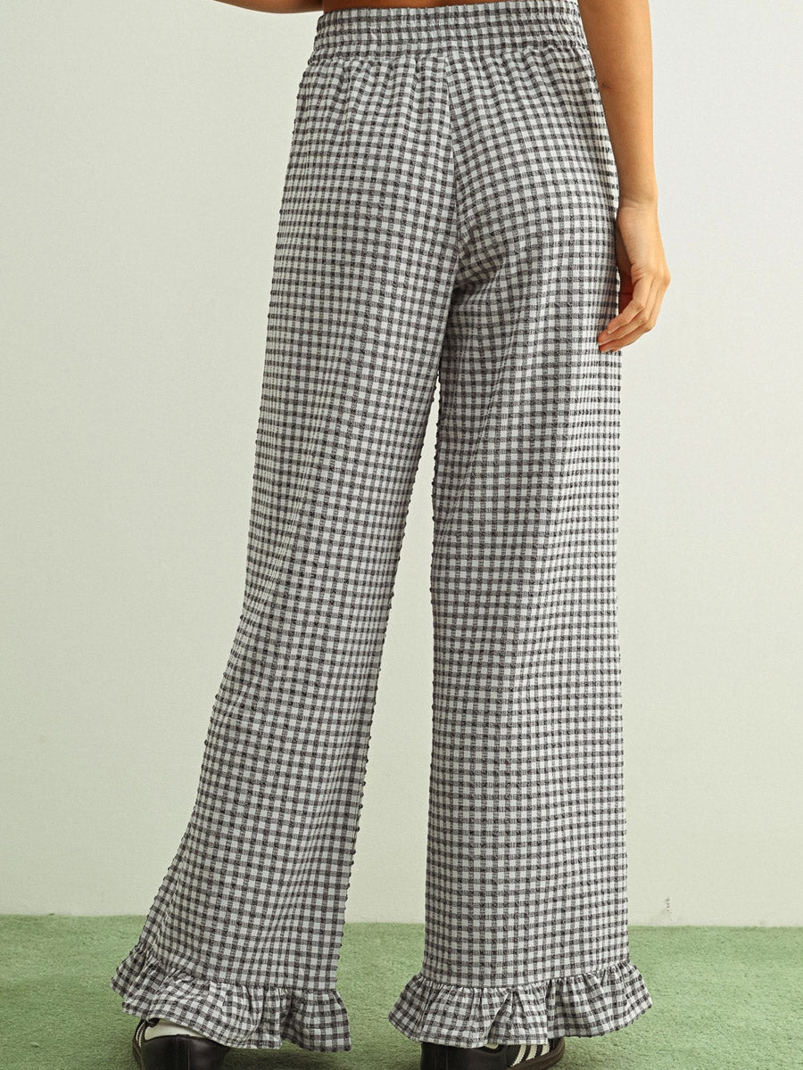 CRINKLED GINGHAM PRINTED PANTS WITH RUFFLE HEM - BLACK PANTS OAK CLOTHING CO.