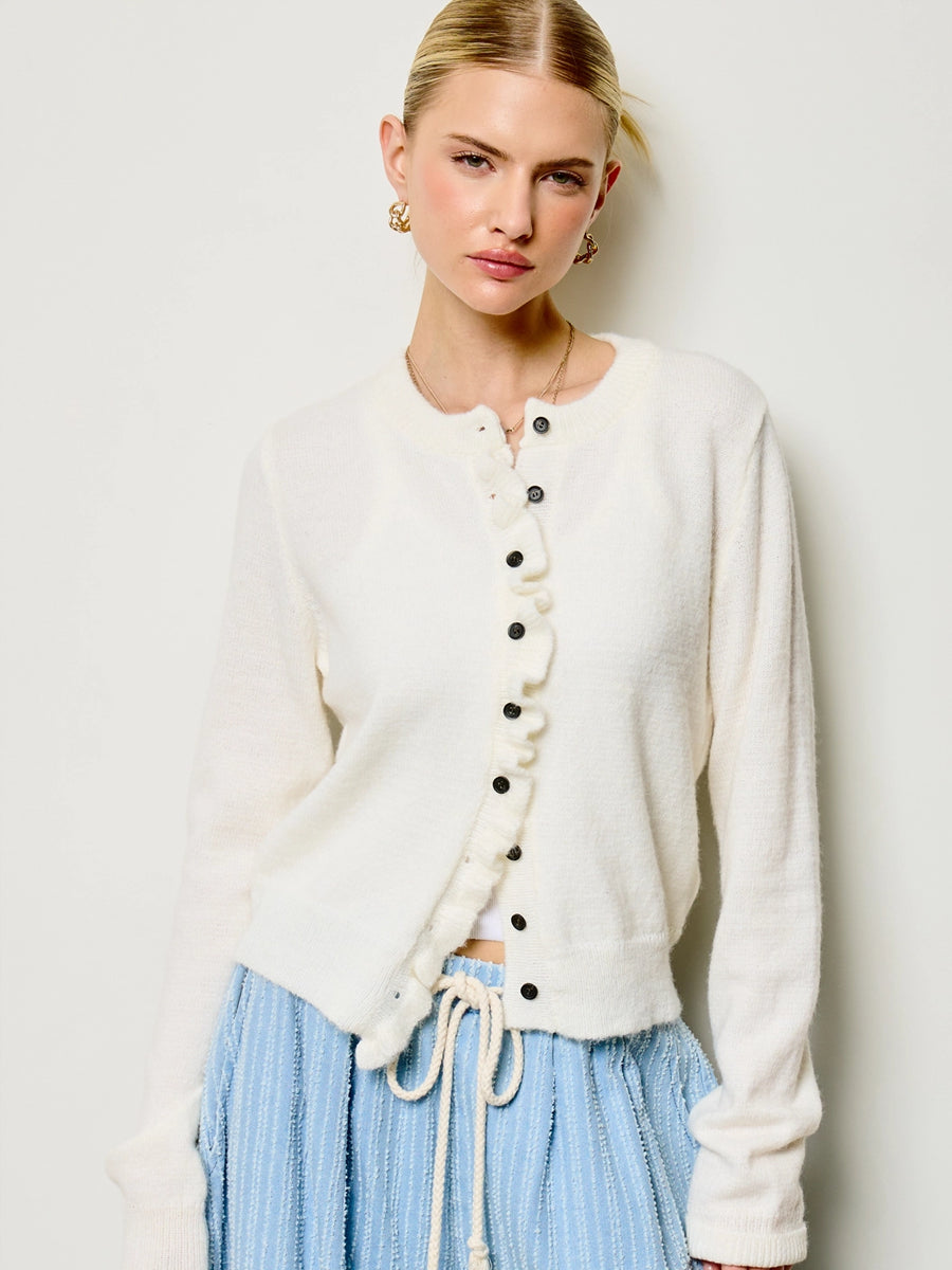 RUFFLE TRIM KNIT CARDIGAN - PORCELAIN SWEATERS OAK CLOTHING CO.