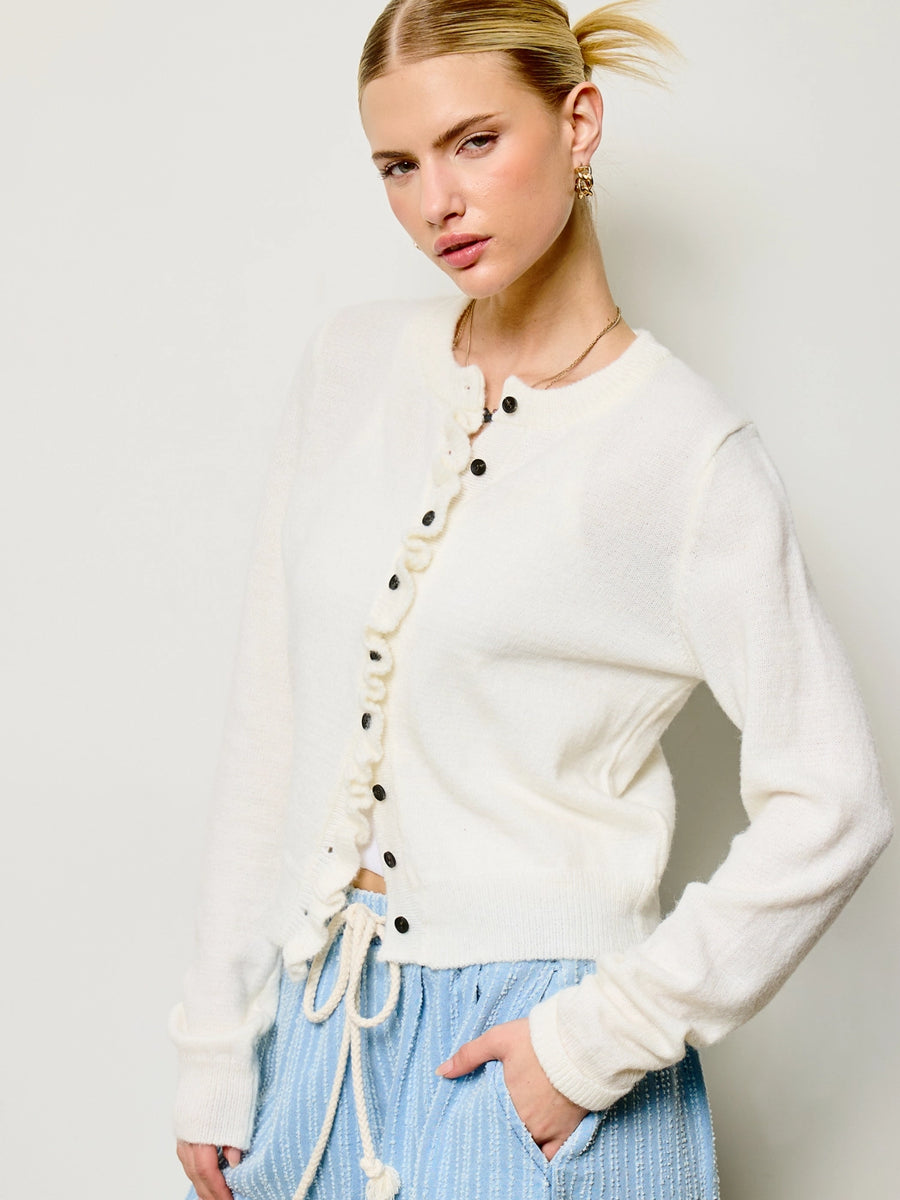 RUFFLE TRIM KNIT CARDIGAN - PORCELAIN SWEATERS OAK CLOTHING CO.