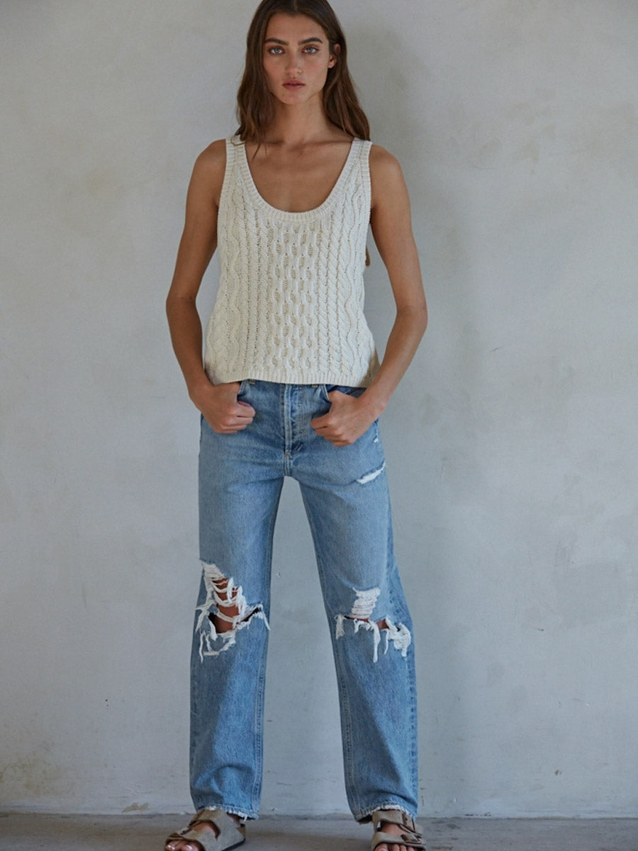 SCOOP NECK KNIT SWEATER - CREAM