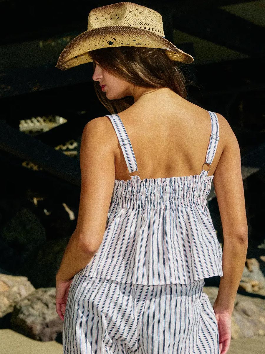 SELF TIE WOVEN STRIPE TANK TOP - WHITE/NAVY/RED TANK TOPS OAK CLOTHING CO.