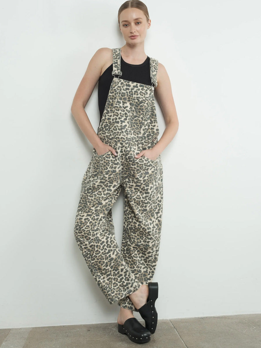 SLOUCHY RELAXED FIT DENIM ANIMAL PRINT OVERALL JUMPSUIT -   