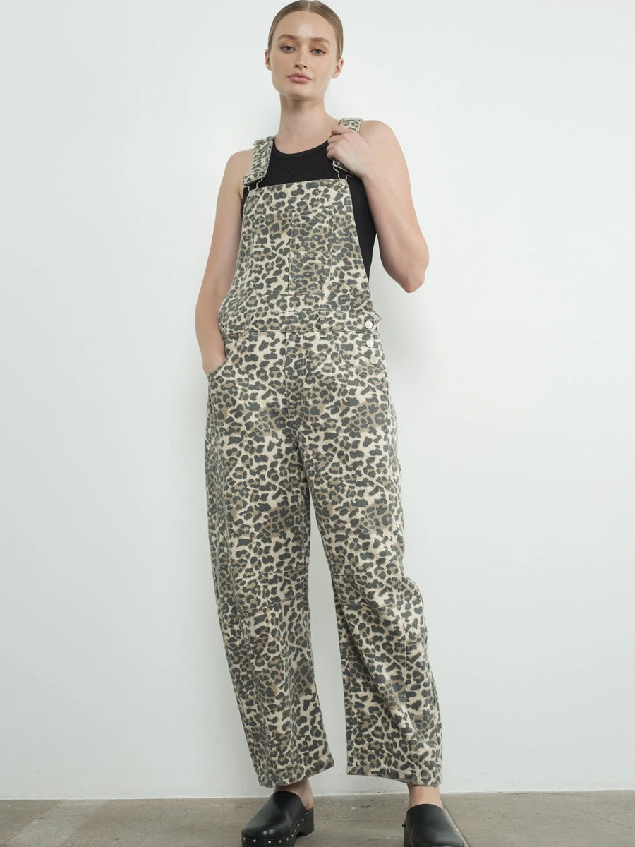 SLOUCHY RELAXED FIT DENIM ANIMAL PRINT OVERALL JUMPSUIT -   