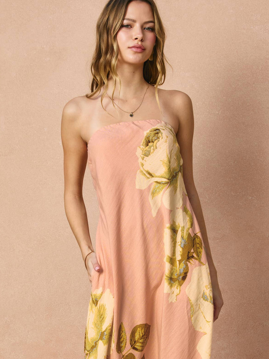 WHISPERS IN BLOOM STRAPLESS MAXI DRESS - ROSE DRESSES OAK CLOTHING CO.