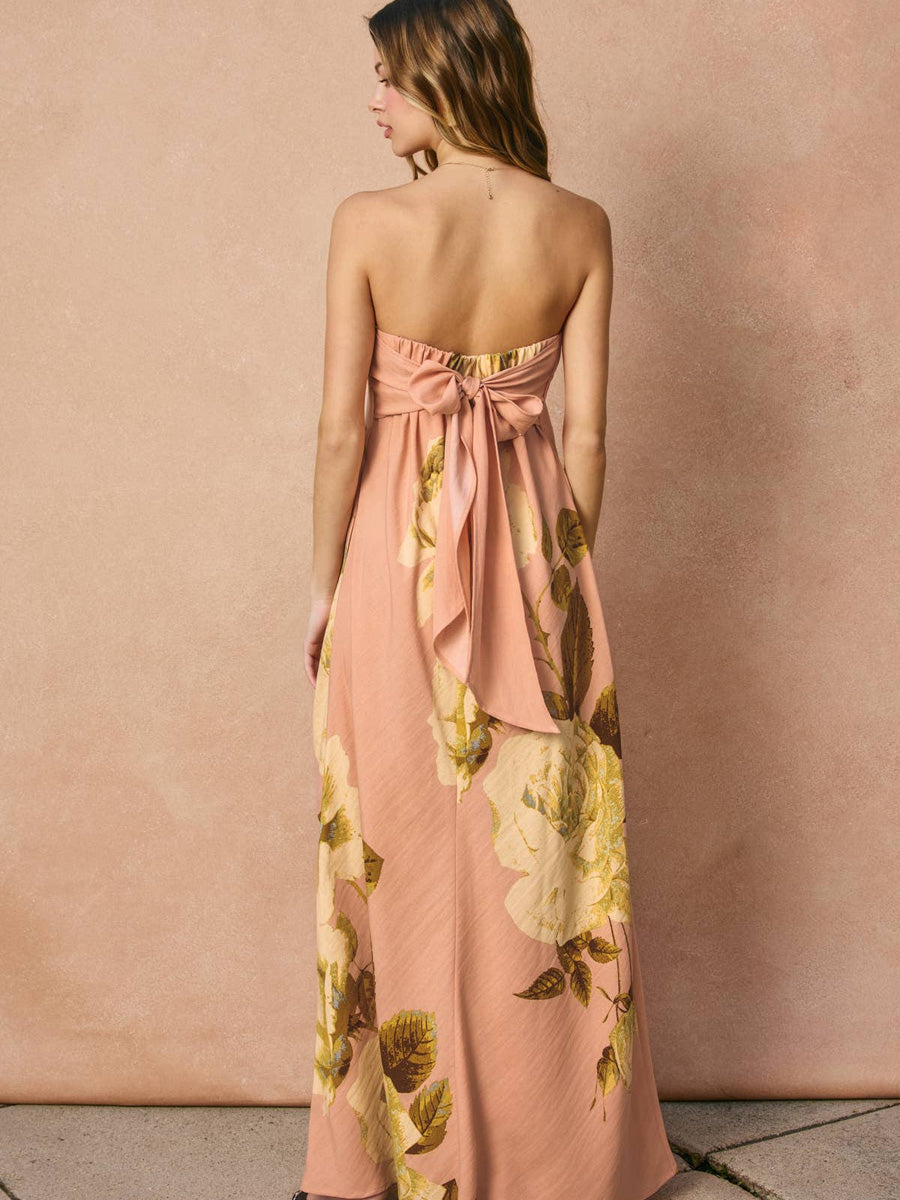 WHISPERS IN BLOOM STRAPLESS MAXI DRESS - ROSE DRESSES OAK CLOTHING CO.