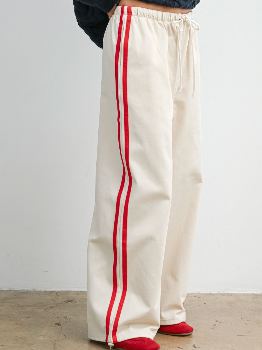 STRIPED WIDE LEG DRAWSTRING TRACK PANTS - IVORY RED