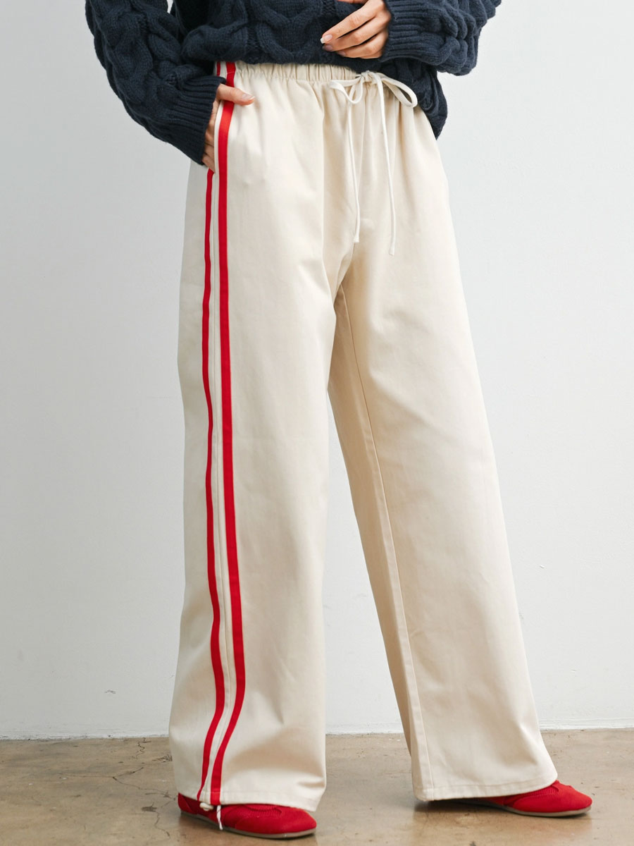 STRIPED WIDE LEG DRAWSTRING TRACK PANTS - IVORY RED