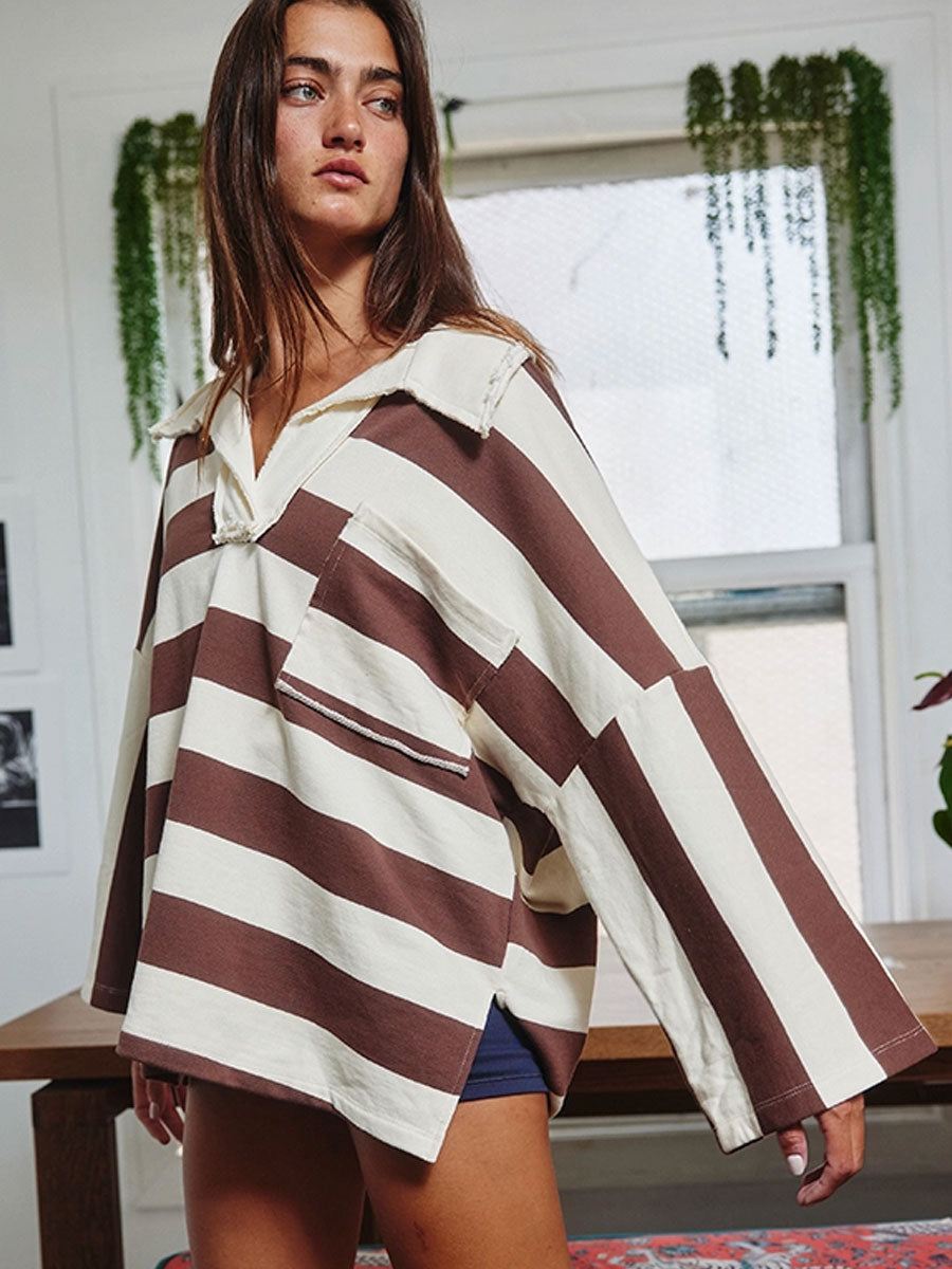 STRIPED BIG COLLARED PULLOVER SWEATSHIRT - BROWN/CREAM